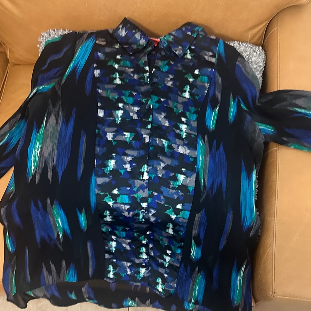 Blue and Teal Ruffle Front Blouse